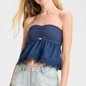 Navy Blue Strapless Top with Embroidered Hem Wild Fable eyelet tube top size XXS